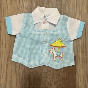 Vintage Cradle Togs Baby Boy Carousel Horse Gingham Button Down Shirt 0-6M